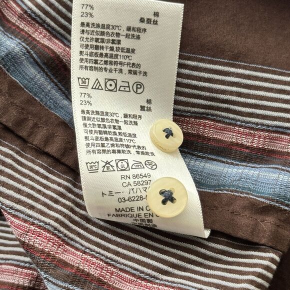 Tommy Bahama Shirt Mens Large Brown Blue Striped Silk Blend Casual Office Preppy - Picture 9 of 10